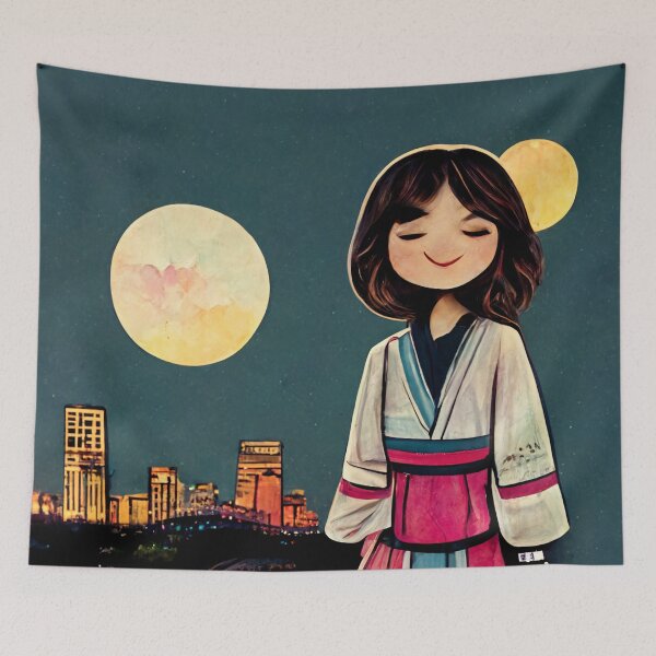 Item preview, Cute Japanese Girl wearing a Hanbok at Night with Double Moons - Cut Out Style designed and sold by SingularityGeek.