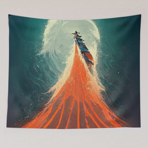 Item preview, A wooden boat batteling strong waves designed and sold by Muralia Art.
