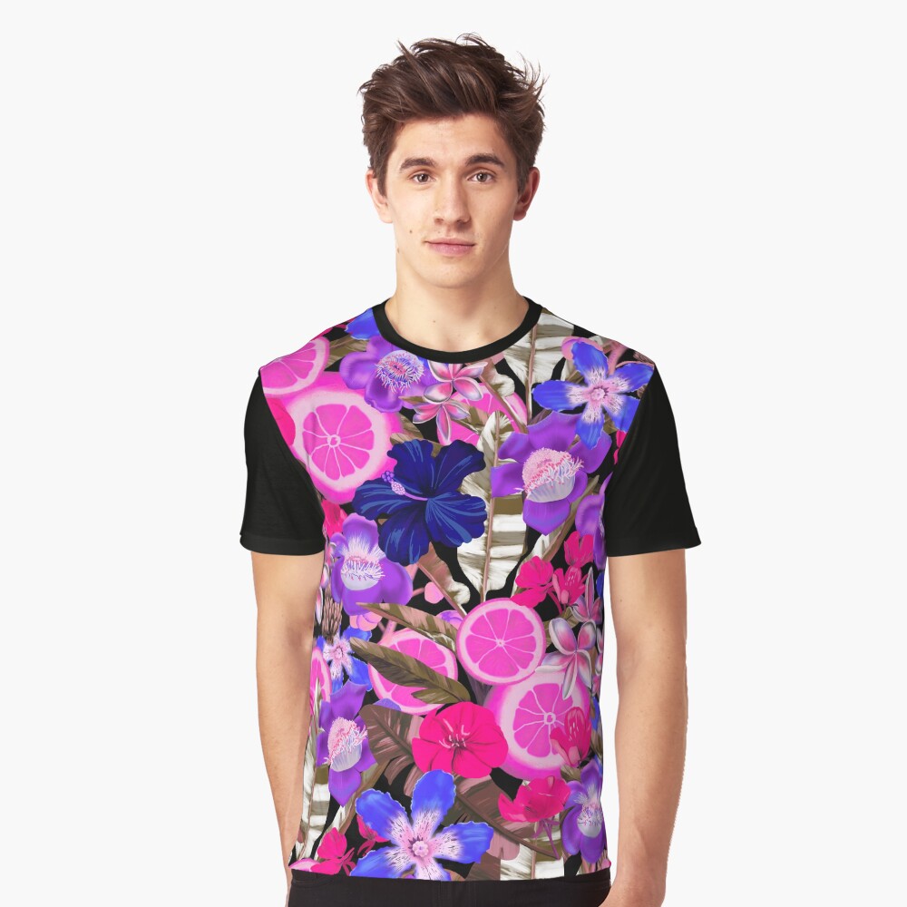 Flowers and Fruits Blue Graphic T-Shirt