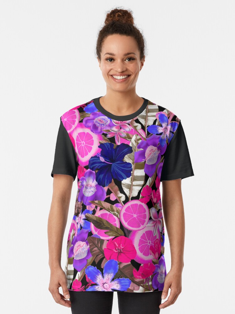 Alternate view of Flowers and Fruits Blue Graphic T-Shirt