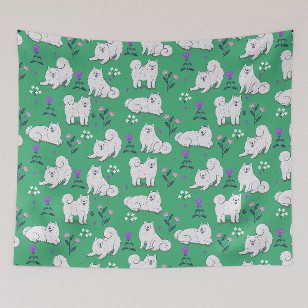 Item preview, Samoyed dogs on a green meadow designed and sold by burbura.