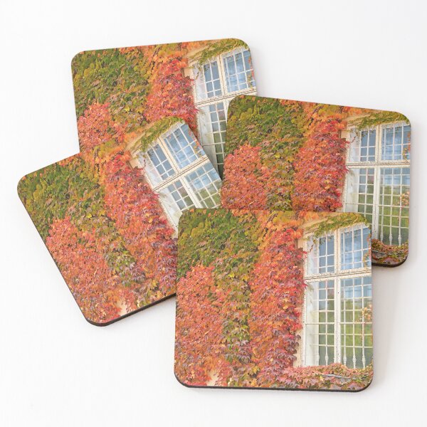 Item preview, wall with wooden windows and colorful creeper leafs autumn season designed and sold by goceris.
