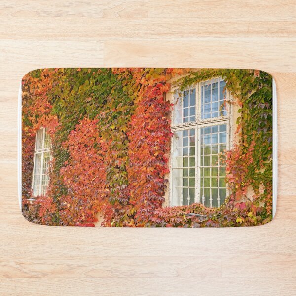 Item preview, wall with wooden windows and colorful creeper leafs autumn season designed and sold by goceris.