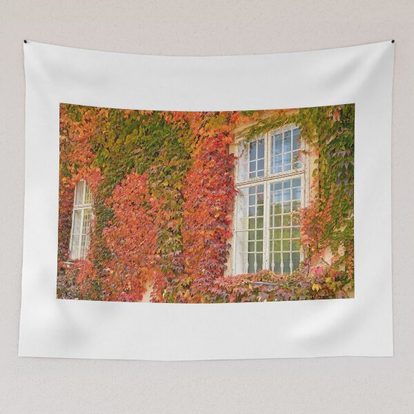 Item preview, wall with wooden windows and colorful creeper leafs autumn season designed and sold by goceris.