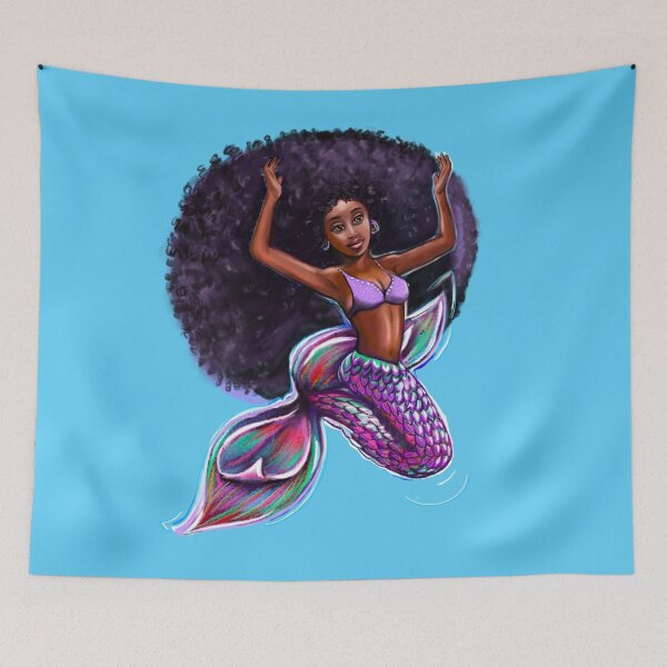Item preview, mermaid with big Afro underwater, brown eyes curly Afro hair and caramel brown skin. Black mermaid designed and sold by Artonmytee.