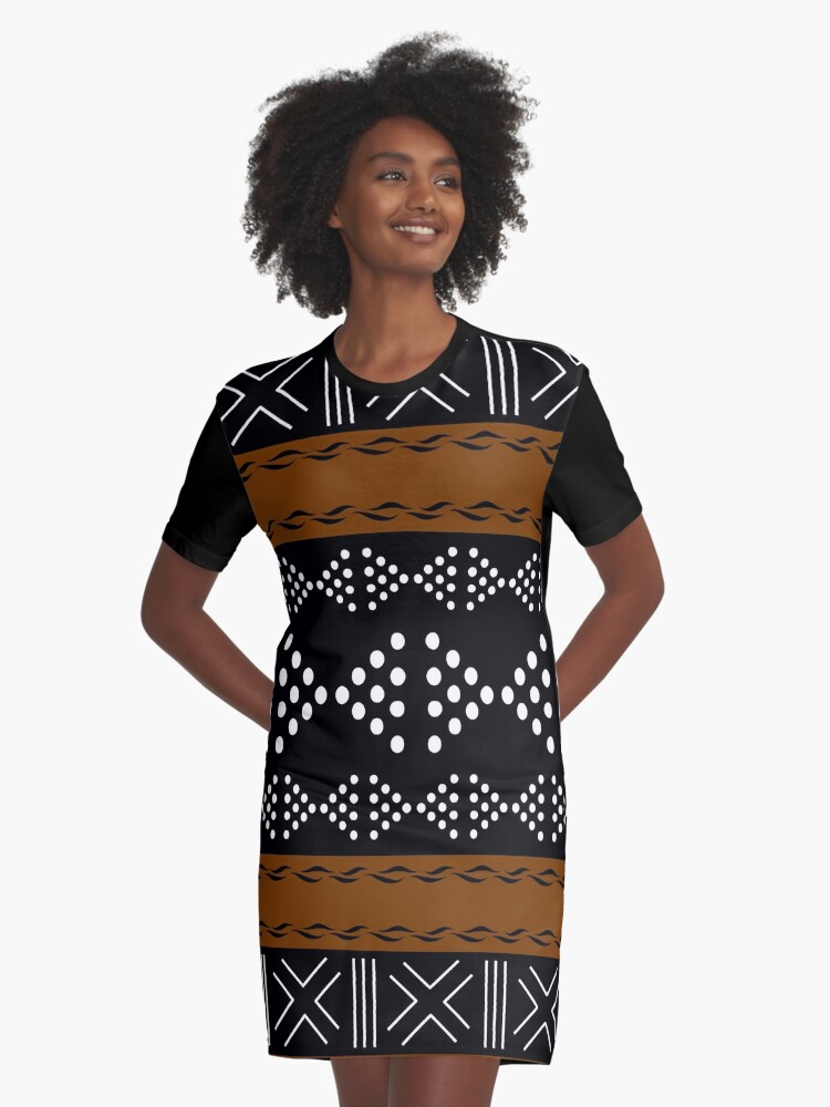 African Bogolan Mudcloth Pattern Graphic T-Shirt Dress for Sale