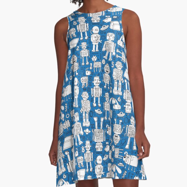 Robot Pattern - white on blue - Fun repeat pattern by Cecca Designs A-Line Dress