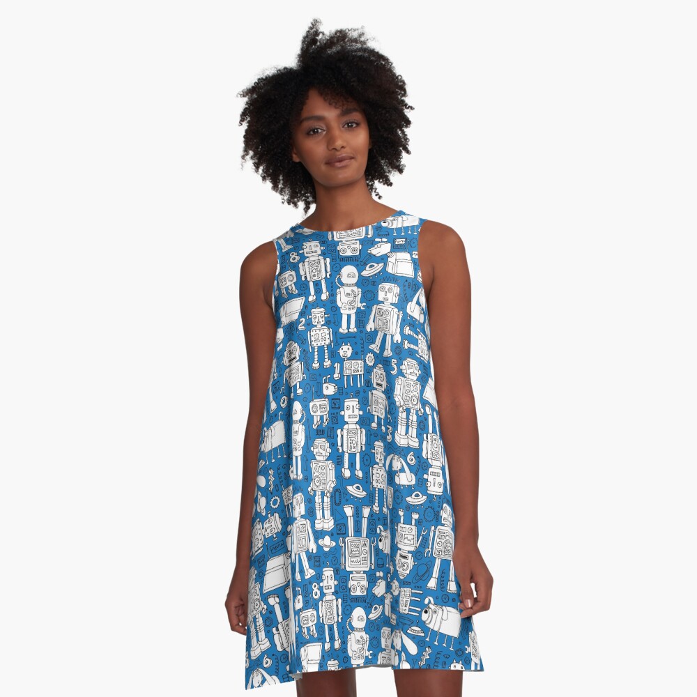 Robot Pattern - white on blue - Fun repeat pattern by Cecca Designs A-Line Dress