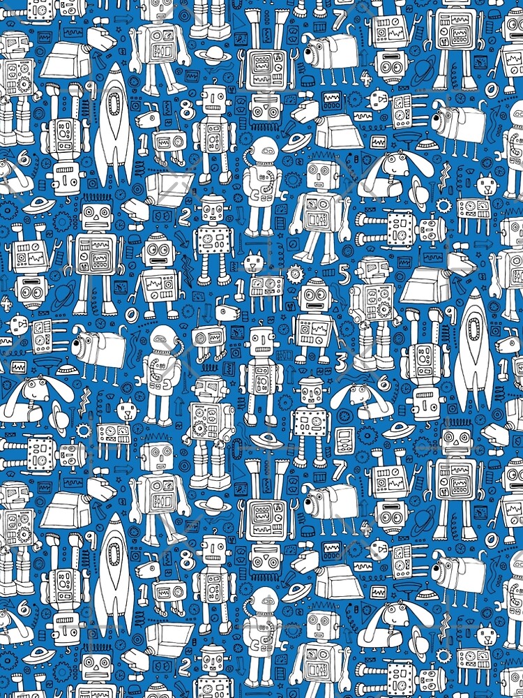 Robot Pattern - white on blue - Fun repeat pattern by Cecca Designs by Cecca-Designs