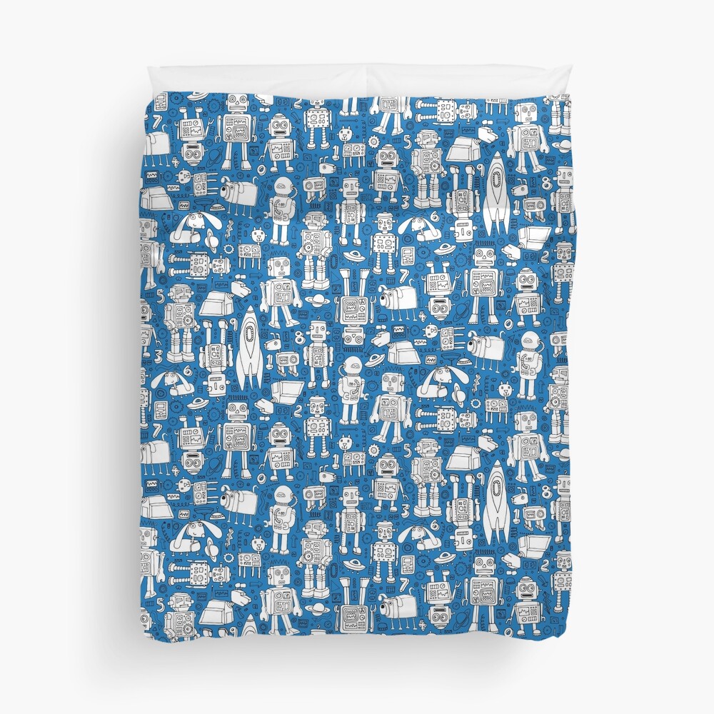 Robot Pattern - white on blue - Fun repeat pattern by Cecca Designs Duvet Cover