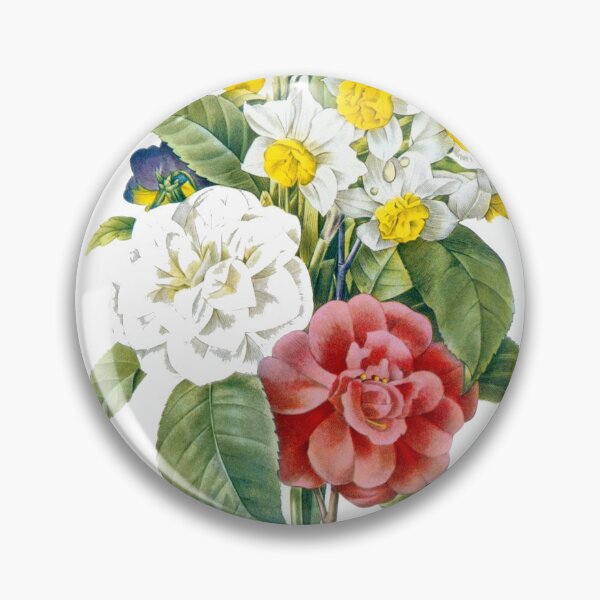 Item preview, P.J. Redoute vintage colorful flowers botanical illustration.  pink and white camellia, yellow and white daffodils, blue and yellow pansies. designed and sold by naturematters.