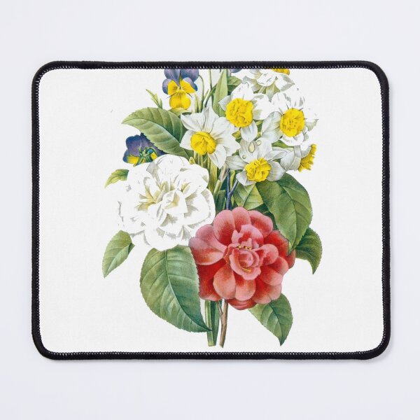 Item preview, P.J. Redoute vintage colorful flowers botanical illustration. pink and white camellia, yellow and white daffodils, blue and yellow pansies. designed and sold by naturematters.