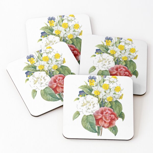 Item preview, P.J. Redoute vintage colorful flowers botanical illustration.  pink and white camellia, yellow and white daffodils, blue and yellow pansies. designed and sold by naturematters.