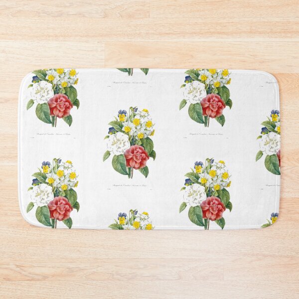 Item preview, P.J. Redoute vintage colorful flowers botanical illustration.  pink and white camellia, yellow and white daffodils, blue and yellow pansies. designed and sold by naturematters.