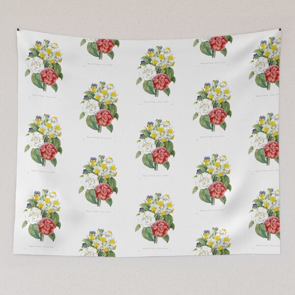 Item preview, P.J. Redoute vintage colorful flowers botanical illustration.  pink and white camellia, yellow and white daffodils, blue and yellow pansies. designed and sold by naturematters.