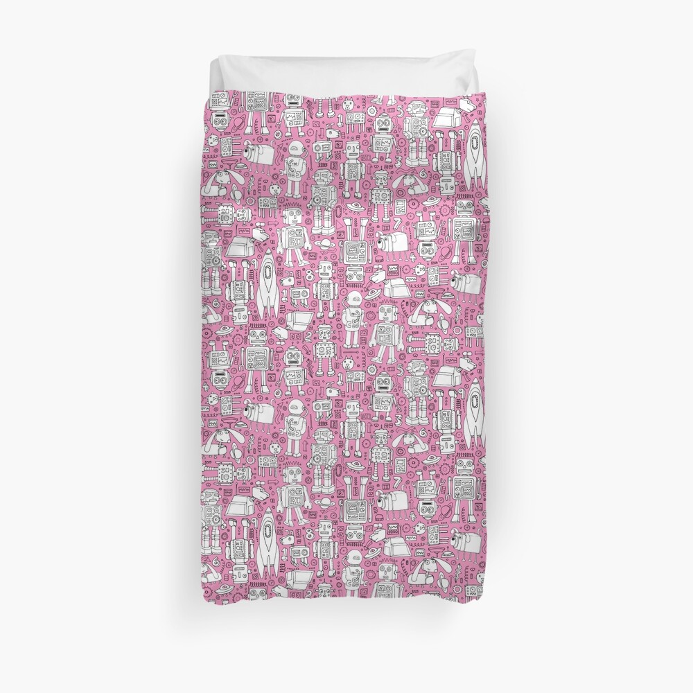 Robot Pattern - pink and white - fun pattern by Cecca designs Duvet Cover