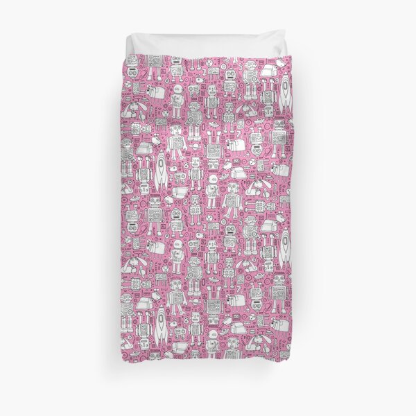 Robot Pattern - pink and white - fun pattern by Cecca designs Duvet Cover