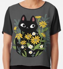 Black cat with flowers Chiffon Top