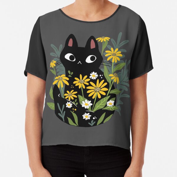 Black cat with flowers Chiffon Top