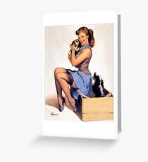 Gil Elvgren pin up with Puppies! Greeting Card