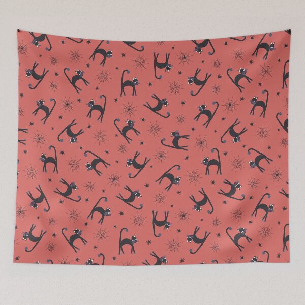 Item preview, Spookily cute cats, spiders and cobwebs for Halloween in watermelon pink and darkest charcoal designed and sold by FrancesPoff.