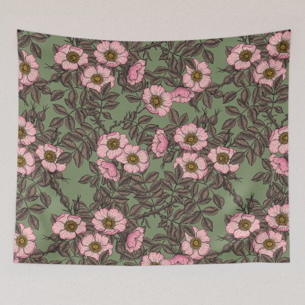 Item preview, Dog rose in bloom on sage green designed and sold by Katerina Mitkova Kirilova.