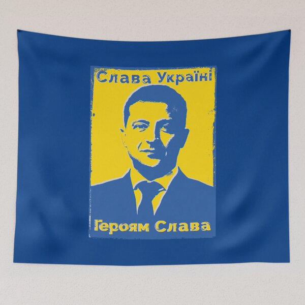Item preview, Слава Україні! Героям слава! Blue and Yellow Ukraine Flag Colors Ukraine President Volodymyr Zelensky SLAVA UKRAINI HEROIAM SLAVA Distressed Pop Art Typographic Quote to Support Ukraine and Ukrainians designed and sold by zenturtlemerch.