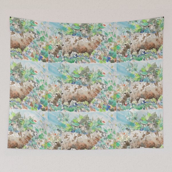 Item preview, Surreal sheep in the garden ambush watercolor painting designed and sold by MikeJory.