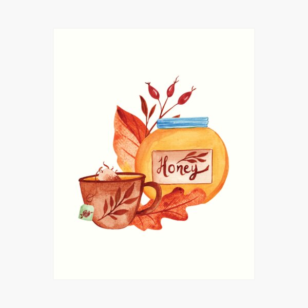 Item preview, Watercolor hygge honey and tea fall illustration designed and sold by pinkyfish1010.