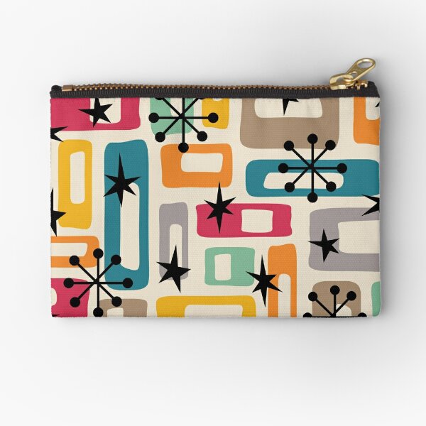 Mid Century Modern Atomic Cat, Geometric Print, Beige, Yellow, Orange, Retro Mod Zipper Wallet