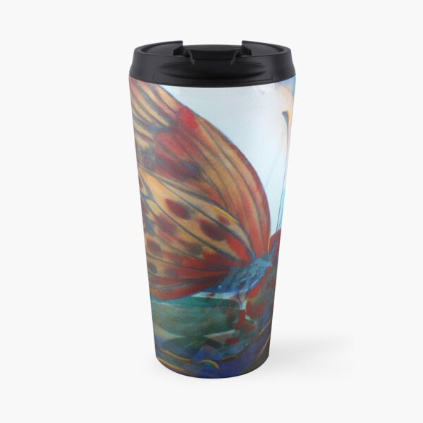 Mixed media Regarding Lepidoptera - Contrasting orange butterfly in watercolour on a blue beautiful background Travel Mug