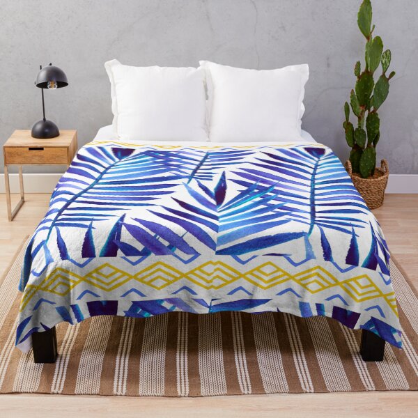 Item preview, Blue palm leaves all over, yellow tribal trim designed and sold by PalomaHealing24.