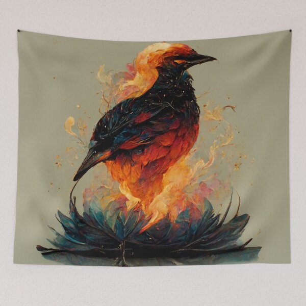 Item preview, Flame burning bird standing on a blue fire lotus designed and sold by Riverside-Moon.