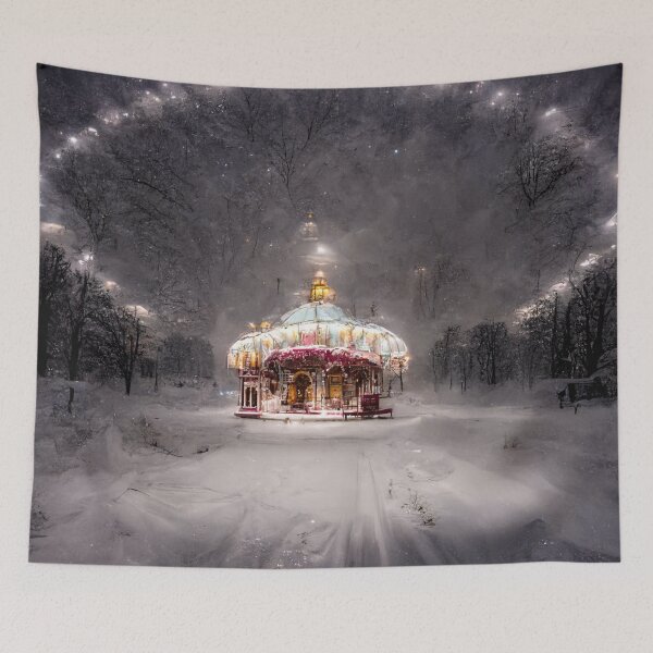 Item preview, White carousel in the snowy road designed and sold by Riverside-Moon.
