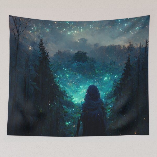 Item preview, Black hooded witch in a forest with magical blue stars in the sky designed and sold by Riverside-Moon.