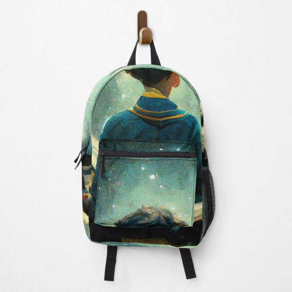 Item preview, Young boy standing in a pile of books while staring at the universe designed and sold by Riverside-Moon.