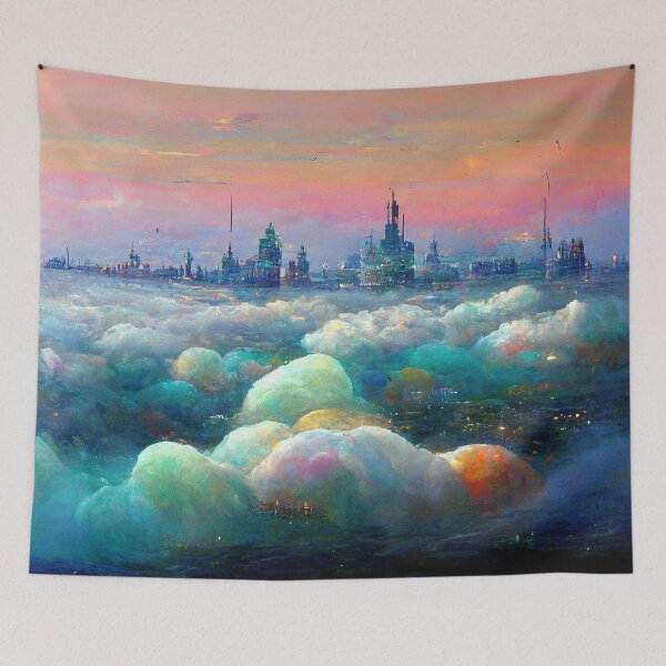 Item preview, City in Cotton Candy Clouds Abstract AI Generated Art designed and sold by MeAI-Art.