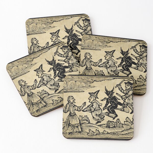 Item preview, Image of witches and the devil on broomsticks, medieval woodcut print designed and sold by monsterplanet.