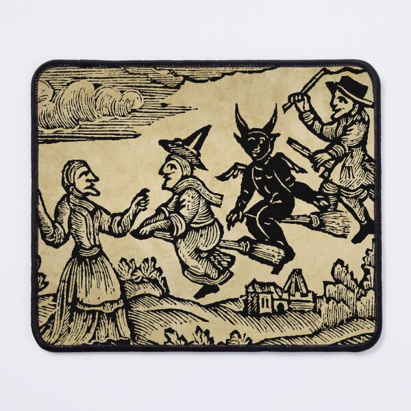 Item preview, Image of witches and the devil on broomsticks, medieval woodcut print designed and sold by monsterplanet.
