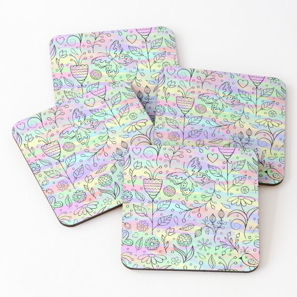 Item preview, Floral Flower Butterfly Birds Ladybird Nature Pattern l Black Line Design With Rainbow Pastel Background designed and sold by LifeAndWonder.
