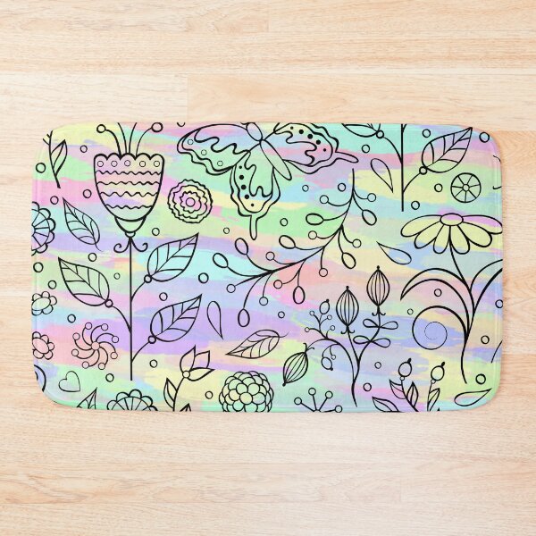 Item preview, Floral Flower Butterfly Birds Ladybird Nature Pattern l Black Line Design With Rainbow Pastel Background designed and sold by LifeAndWonder.