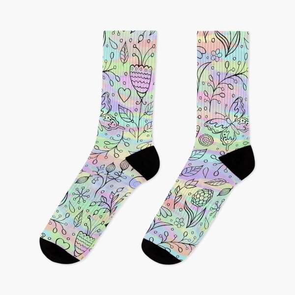 Item preview, Floral Flower Butterfly Birds Ladybird Nature Pattern l Black Line Design With Rainbow Pastel Background designed and sold by LifeAndWonder.