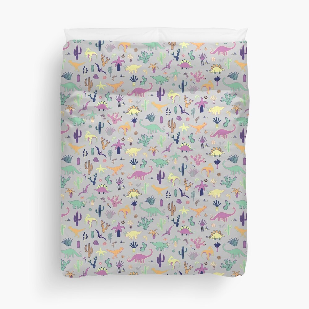 Dinosaur Desert - peach, mint and navy - fun pattern by Cecca Designs Duvet Cover