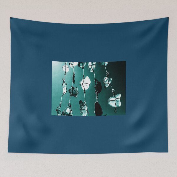 Item preview, Sea Glass Suncatcher (Photo) Beachy Décor Hanging Sunlit Sea Glass Pieces on Dark Coastal Teal Background designed and sold by Beachy.