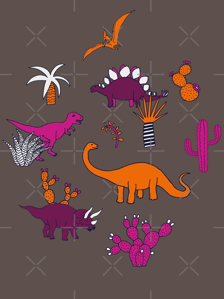 Dinosaur Desert - pink and orange on grey - fun pattern by Cecca Designs by Cecca-Designs