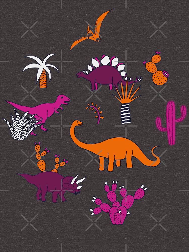 Dinosaur Desert - pink and orange on grey - fun pattern by Cecca Designs by Cecca-Designs
