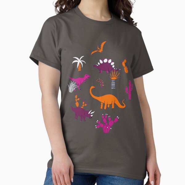 Dinosaur Desert - pink and orange on grey - fun pattern by Cecca Designs Classic T-Shirt