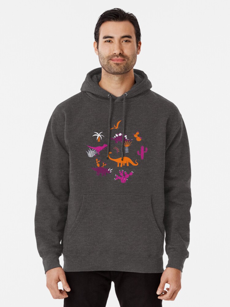 Alternate view of Dinosaur Desert - pink and orange on grey - fun pattern by Cecca Designs Pullover Hoodie