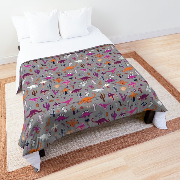 Dinosaur Desert - pink and orange on grey - fun pattern by Cecca Designs Comforter