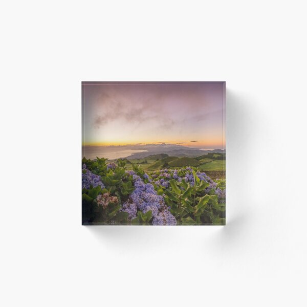 Item preview, Sunrise view over island, Azores travel, hydrangeas. designed and sold by AylaHarbich.